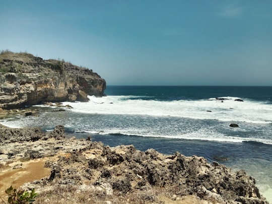 brown rock formation near sea during daytime in Pacitan Indonesia