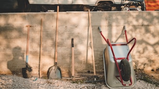 red and black shovel beside brown wooden stick