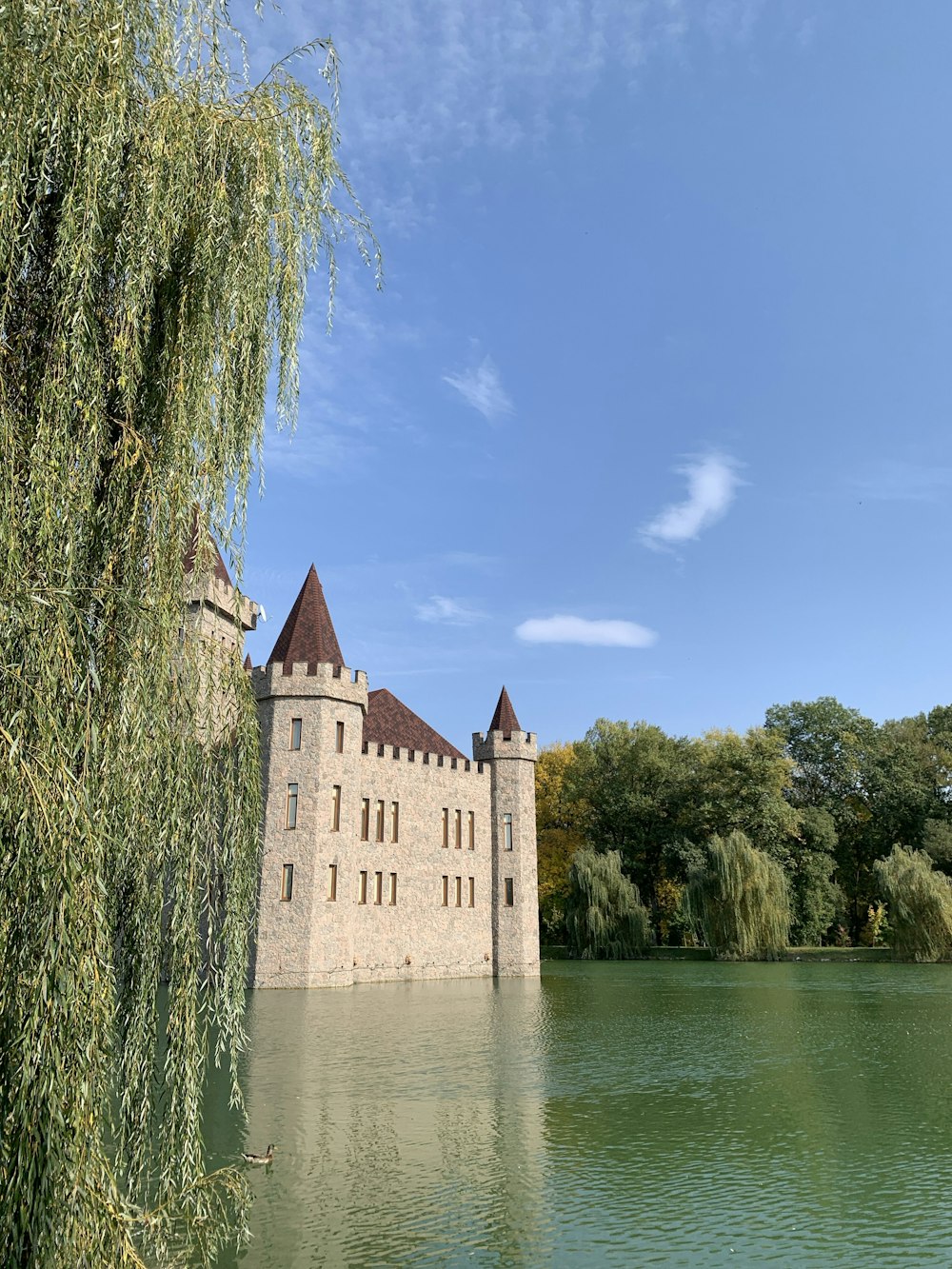 edificio in cemento marrone vicino agli alberi verdi e allo specchio d'acqua durante il giorno