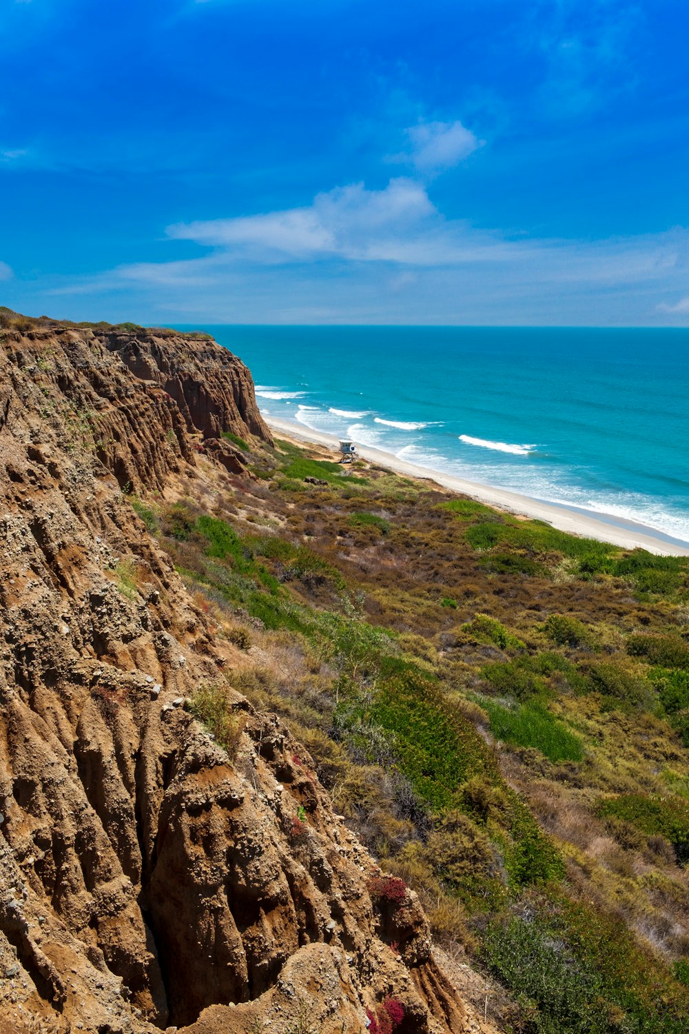 grüner und brauner Berg neben blauem Meer tagsüber