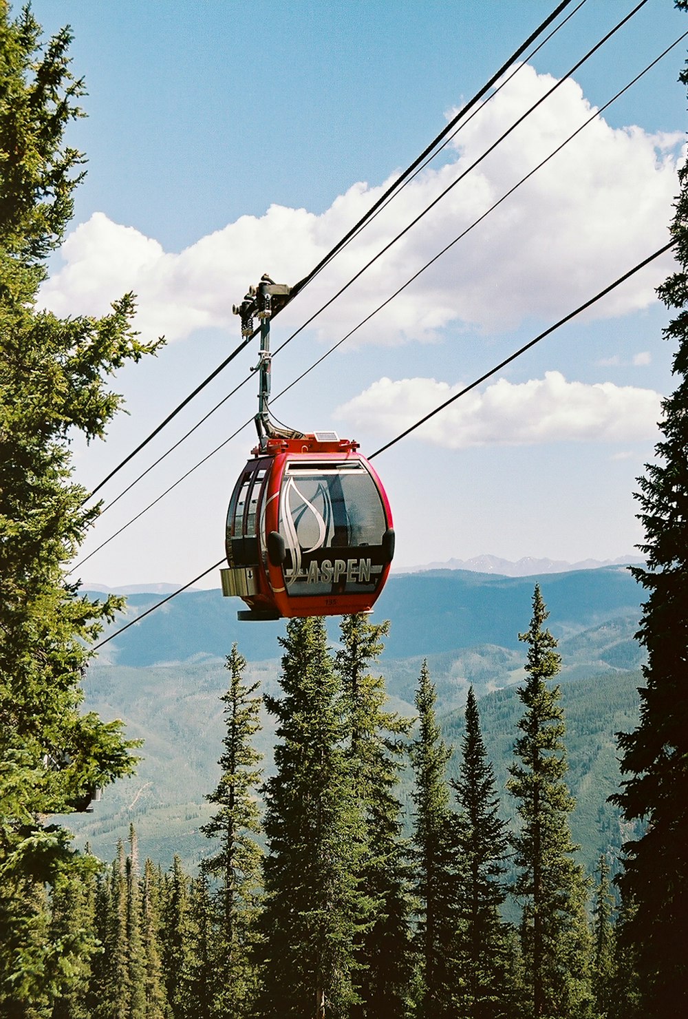 red cable car over green trees during daytime
