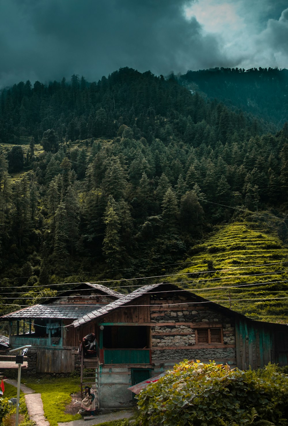 brown wooden house near green trees and mountain during daytime