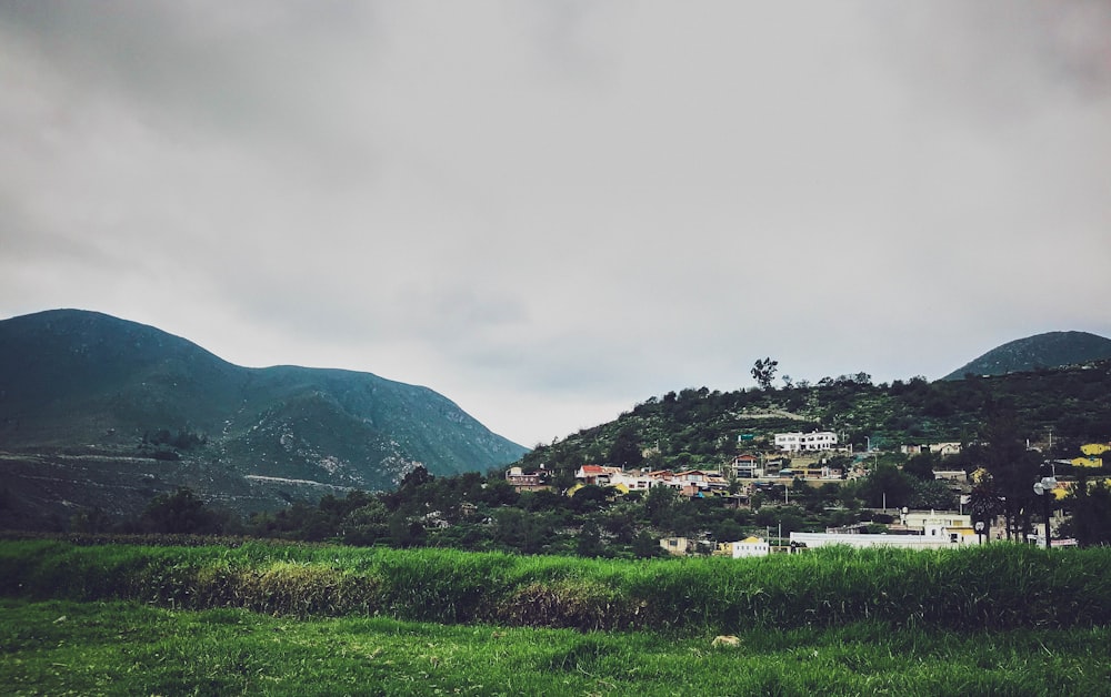 green grass field near mountain under cloudy sky during daytime