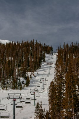 A chairlift climbing a snowy ski trail cut between dense spruce trees on a steep mountainside
