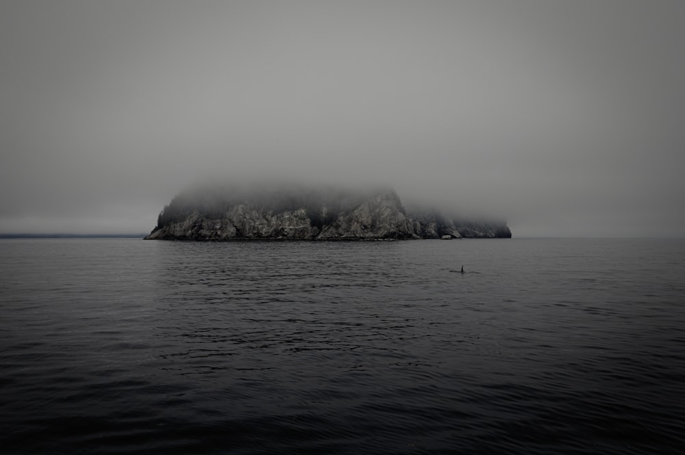 바다에 섬의 그레이스케일 사진
