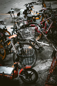 A lineup of different bicycles including a mountain bike, e-bike, and children's bike ready for transport.