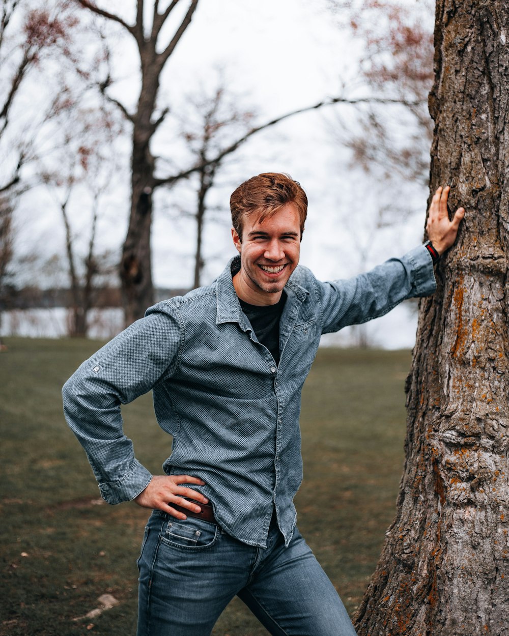 man in gray dress shirt leaning on brown tree