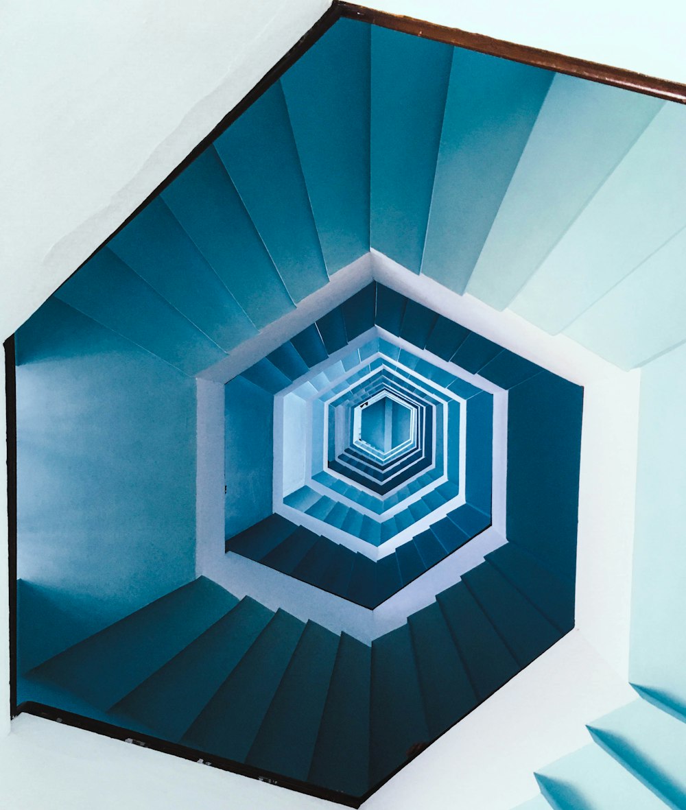 blue and white spiral stairs