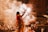 A group of people are performing a traditional ritual by the riverbank, surrounded by smoke and offerings. Attendees are seated in the background, observing the ceremony.