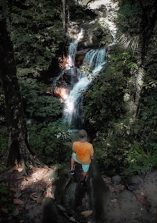 A joyful traveler standing beside a lush Balinese waterfall, sunlight filtering through the trees.
