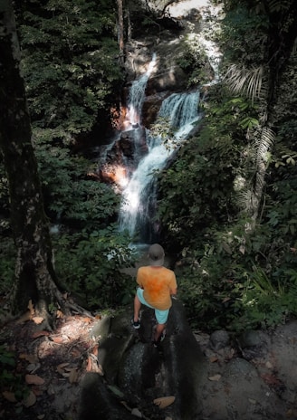 A joyful traveler standing beside a lush Balinese waterfall, sunlight filtering through the trees.