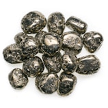 A collection of polished metallic stones with a reflective surface, featuring a dark, brassy color and rough textures resembling pyrite.