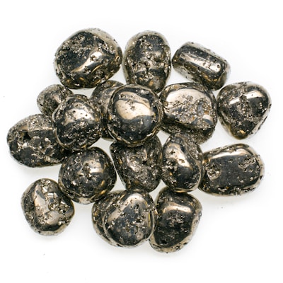 A collection of polished metallic stones with a reflective surface, featuring a dark, brassy color and rough textures resembling pyrite.