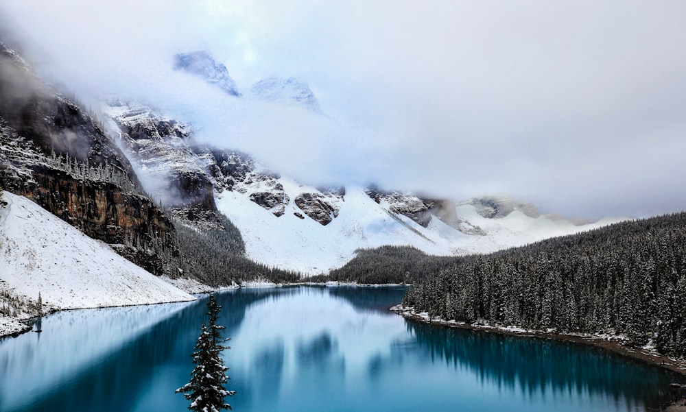 lake near snow covered mountain during daytime