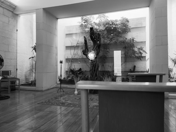 A spacious room featuring wooden flooring with furniture arranged around. In the center, a tree-like sculpture stands near a glass wall, behind which plants are visible, adding a touch of nature. The room appears well-lit with natural light coming through large windows.