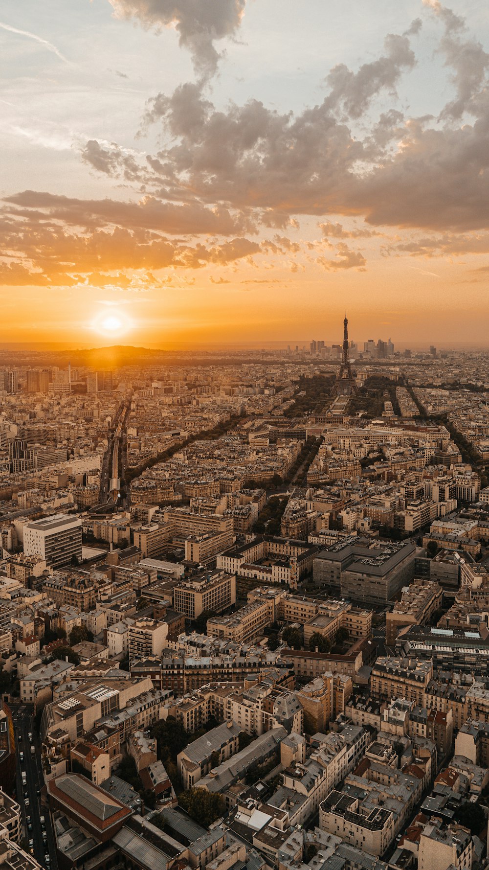 aerial view of city buildings during sunset