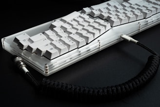 A mechanical keyboard with white keycaps is displayed on a dark surface. The keyboard has a sleek design with a transparent acrylic case, showcasing a layered edge. It includes a coiled cable with a metallic connector, contributing to a minimalist yet sophisticated appearance.