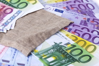 A spread of various Euro banknotes ranging from 10 to 500 denominations with a brown burlap sack placed on top of them.