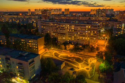 Evening view of the well-lit streets within Metroplex City, highlighting safety and serenity.
