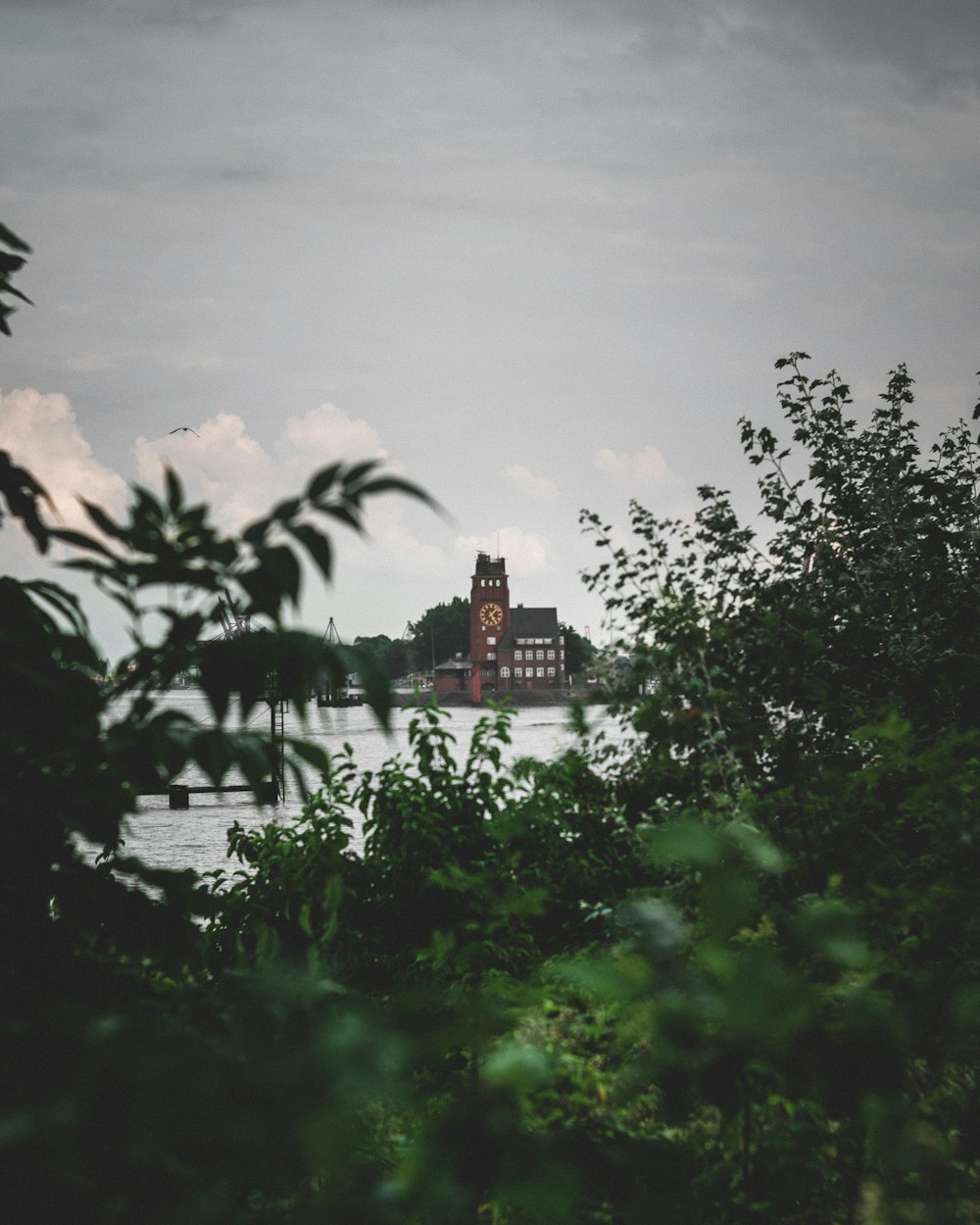 green trees near brown building under gray sky