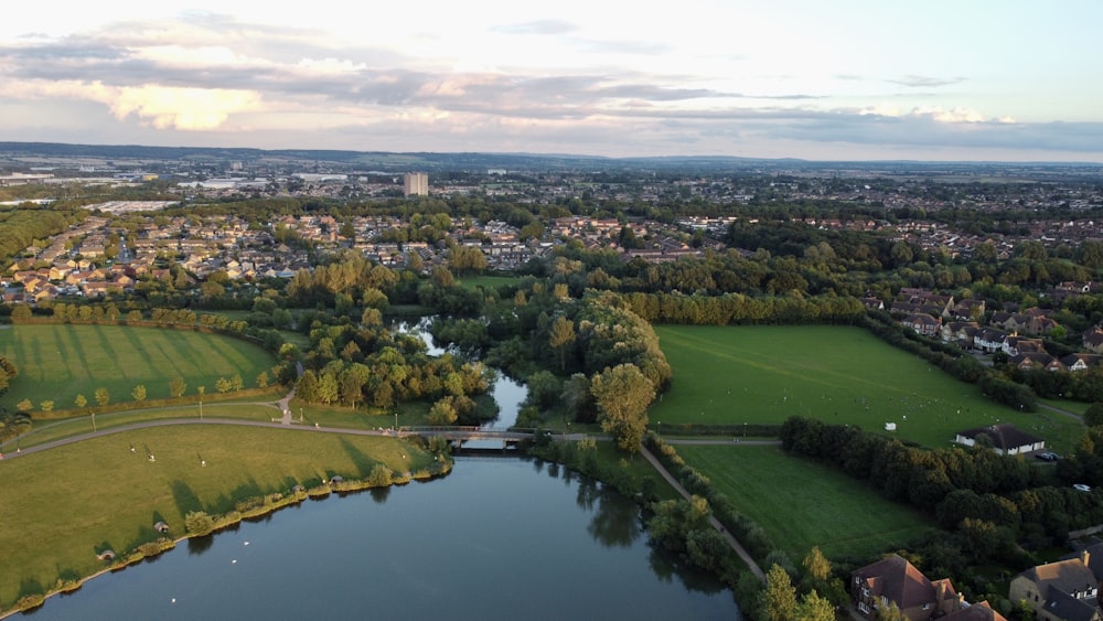 Luftaufnahme des grünen Grasfeldes in der Nähe des Sees tagsüber