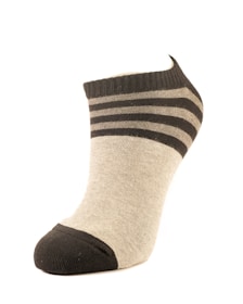 A single ankle sock featuring a simple design with alternating dark and light horizontal stripes near the cuff and a dark toe and heel area. The main body of the sock is light-colored with a ribbed texture around the ankle area.