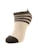 A single ankle sock featuring a simple design with alternating dark and light horizontal stripes near the cuff and a dark toe and heel area. The main body of the sock is light-colored with a ribbed texture around the ankle area.