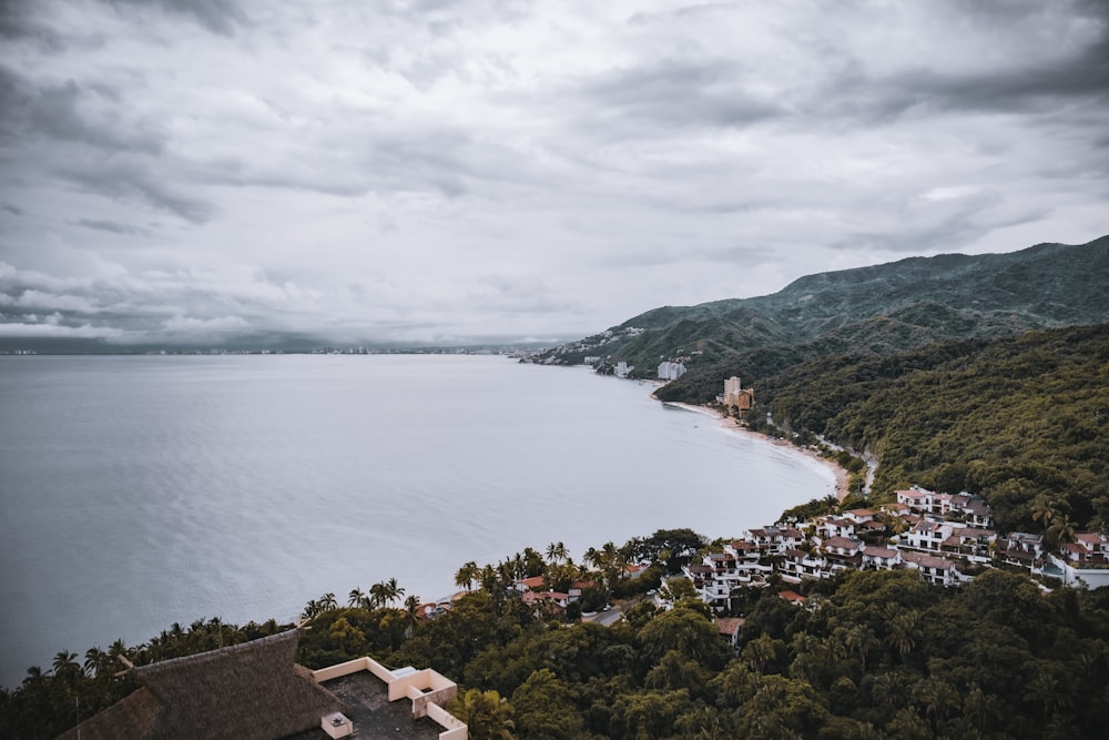 aerial view of houses near body of water during daytime