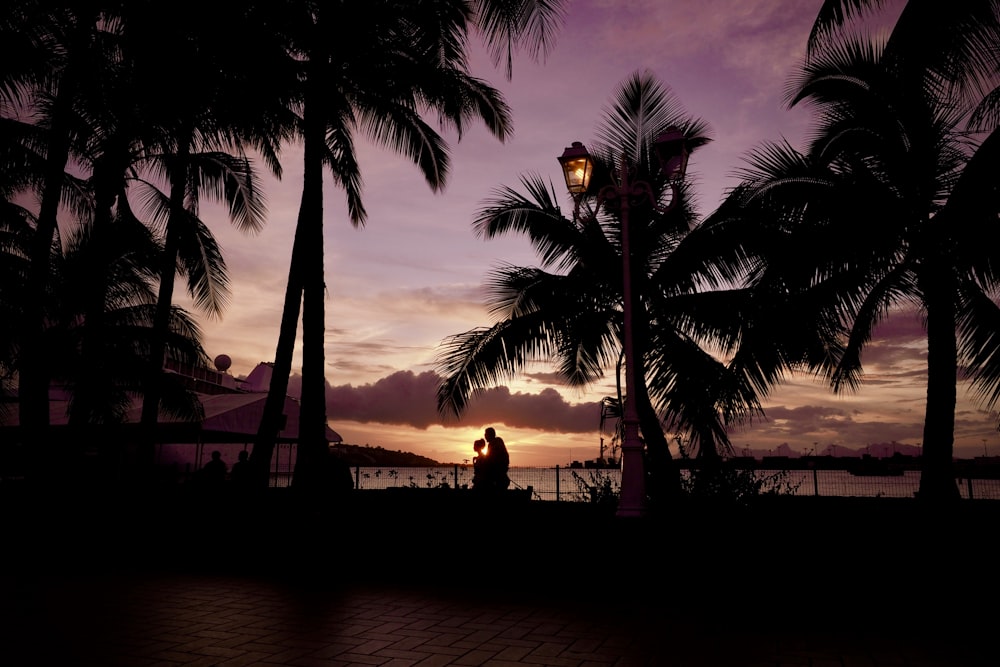 silhouette of people standing near body of water during sunset