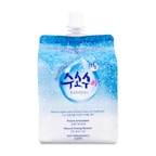 A blue and white pouch with water droplets on its surface. The pouch displays a logo and text in both English and another language mentioning 'SUSOSe'. It highlights properties such as 'Potent Antioxidant', 'Natural Energy Booster', and 'Anti-Inflammatory'. The image conveys a sense of freshness and purity associated with mineral water infused with molecular hydrogen.