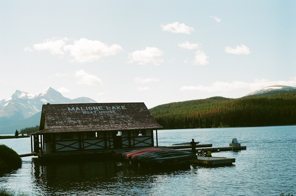 brown wooden house on lake during daytime