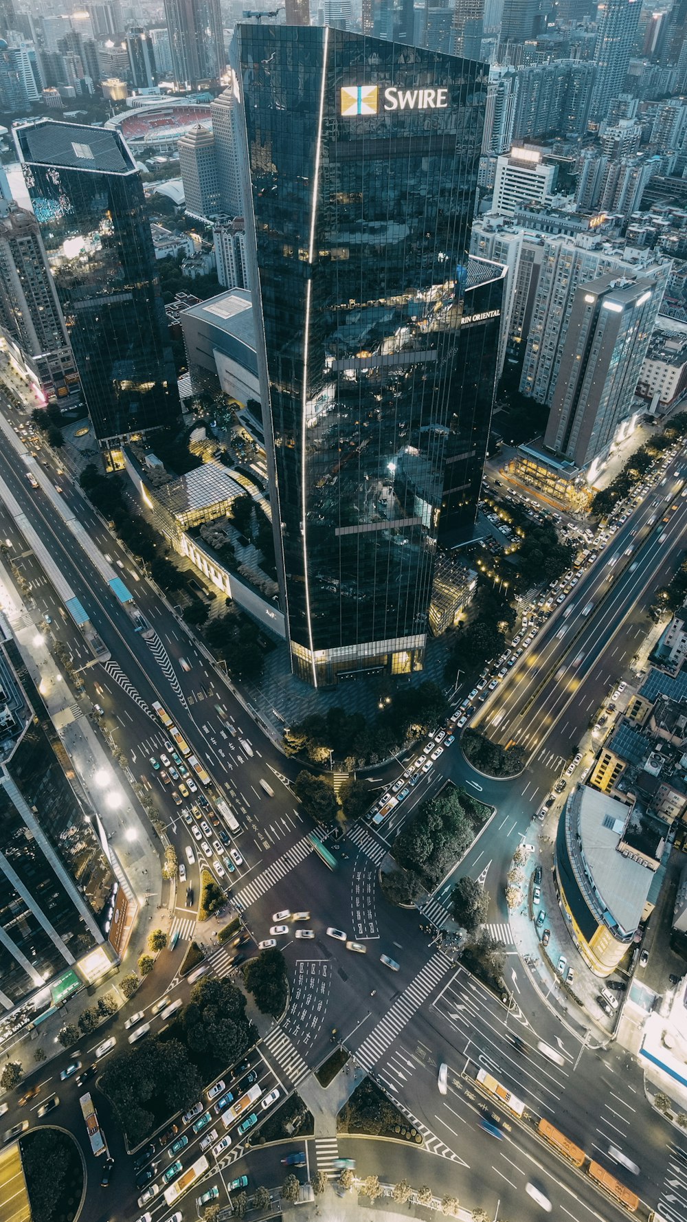 aerial view of city buildings during night time