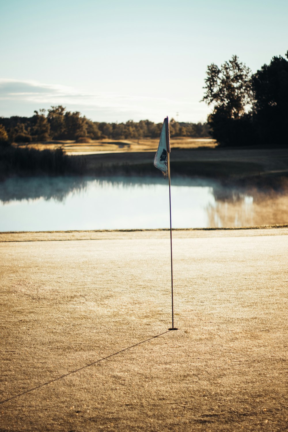 white flag on pole near lake during daytime