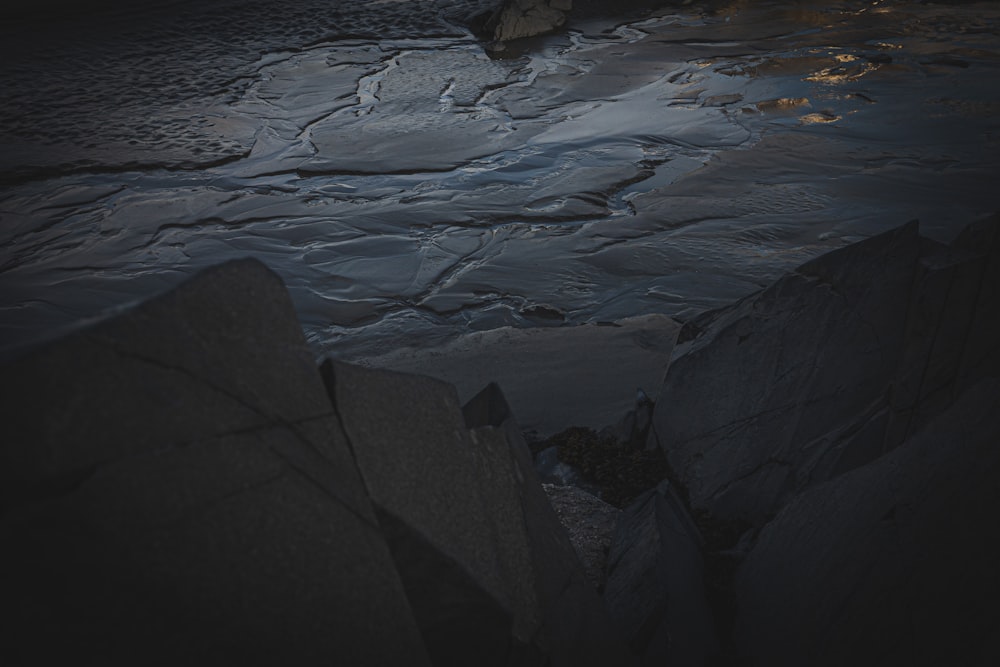 rocky river with ice blocks