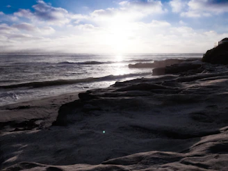 A serene shot of the rugged Atlantic coastline under soft morning light, waves gently lapping against weathered rocks.