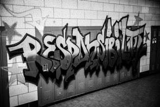 Graffiti art featuring the word 'RESPONSIBILITY' painted in a bold, stylized font across a series of lockers. The background consists of tiled walls, and there are star motifs incorporated into the design. The image is in black and white.