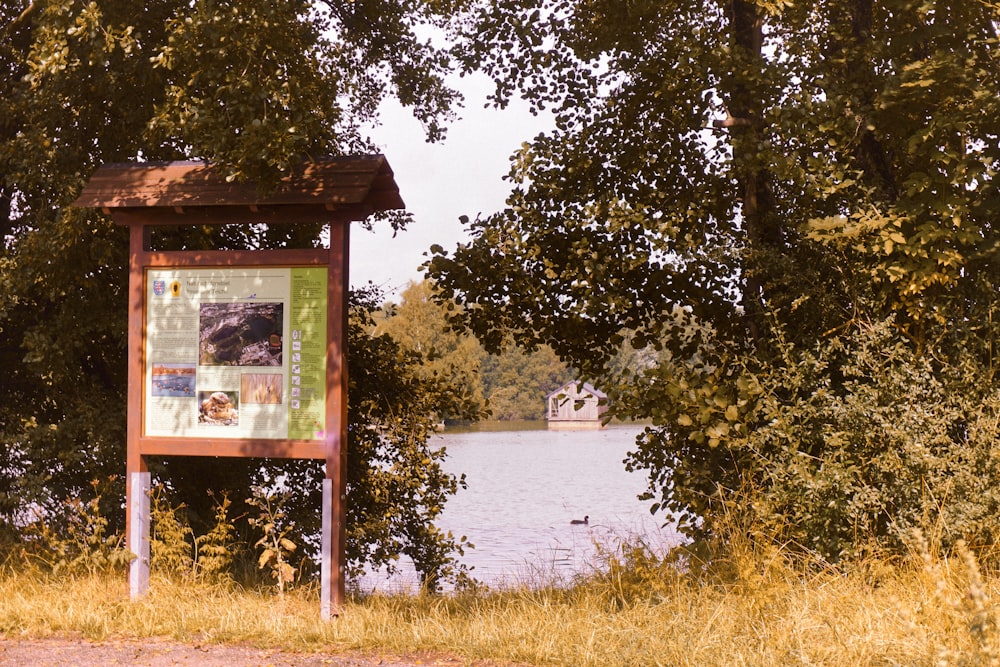 Fenêtre en verre encadrée en bois brun près des arbres verts et du lac pendant la journée