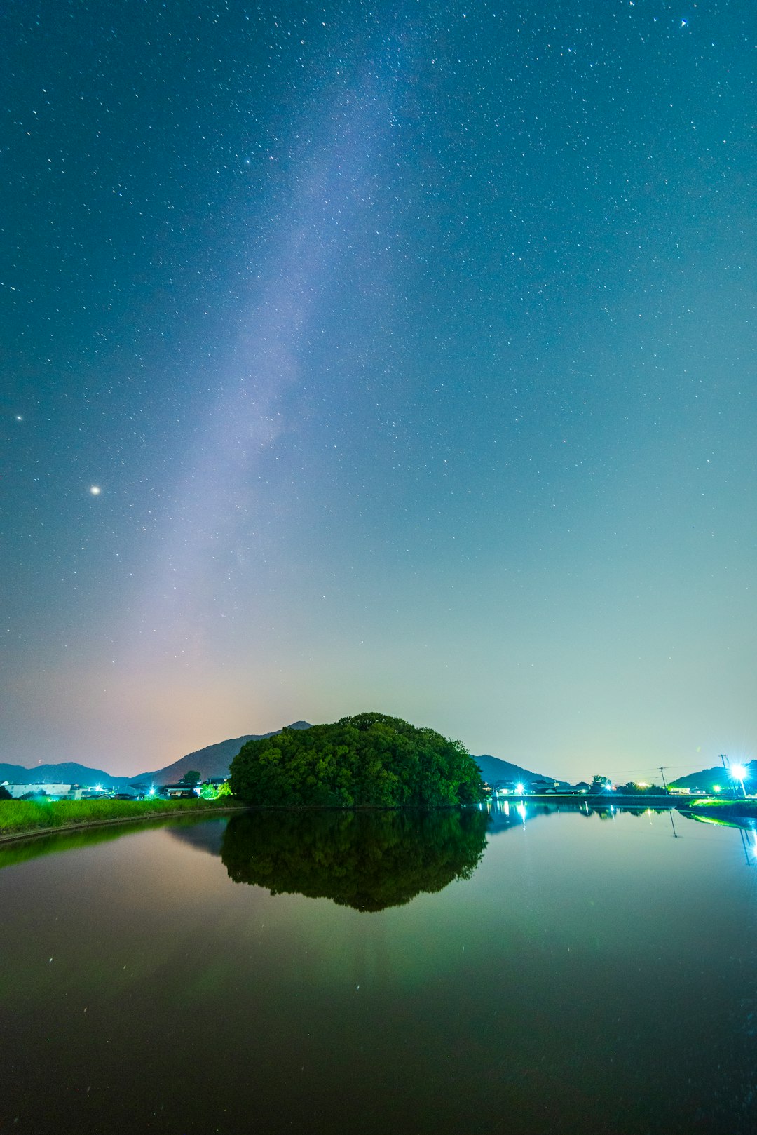 green tree on island surrounded by water under starry night