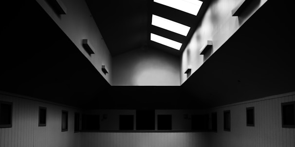 Bright loft space with large skylights, featuring minimalist finishes and engineered timber beams.