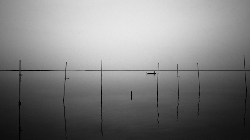 grayscale photo of 2 poles on body of water