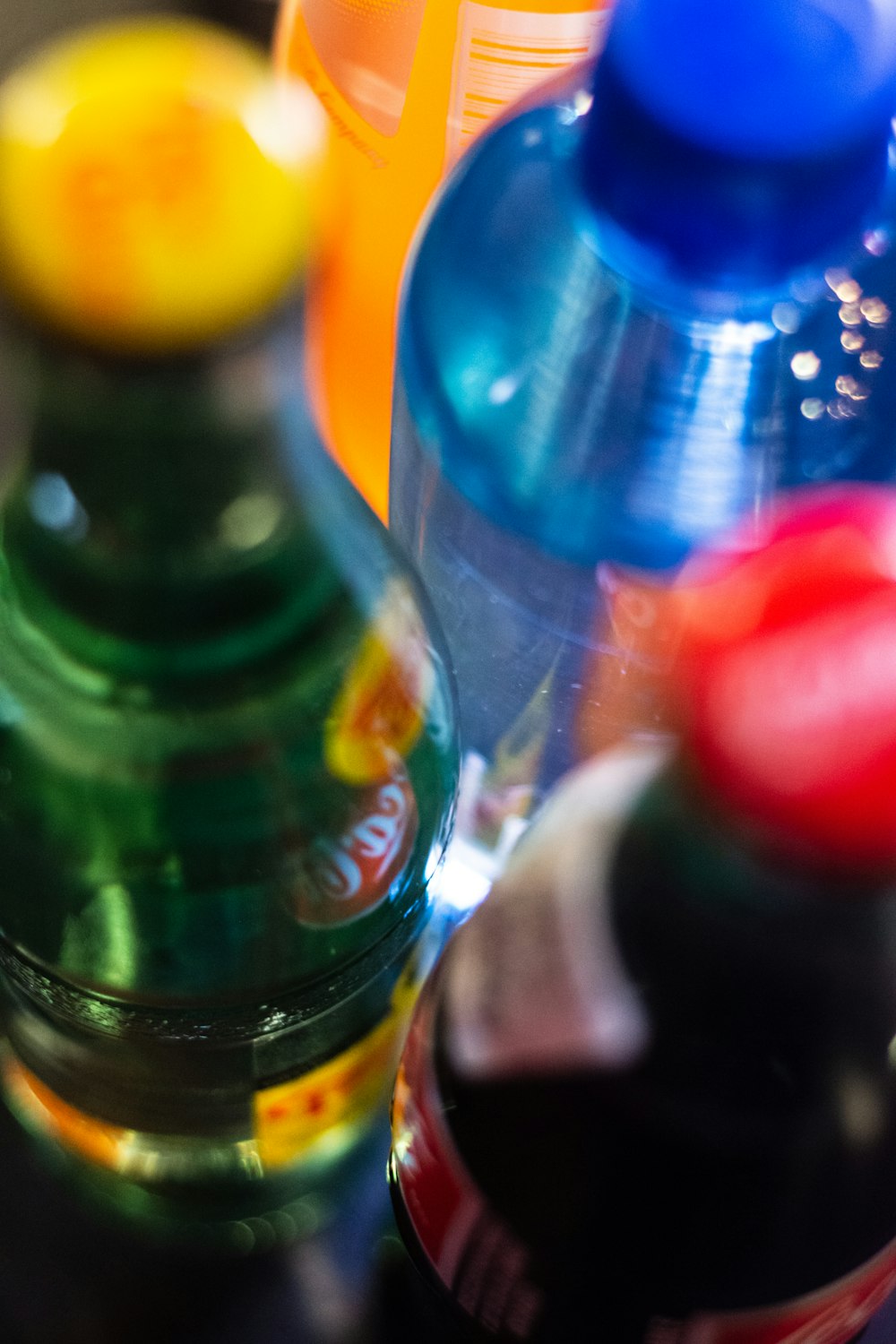 blue and yellow labeled bottles