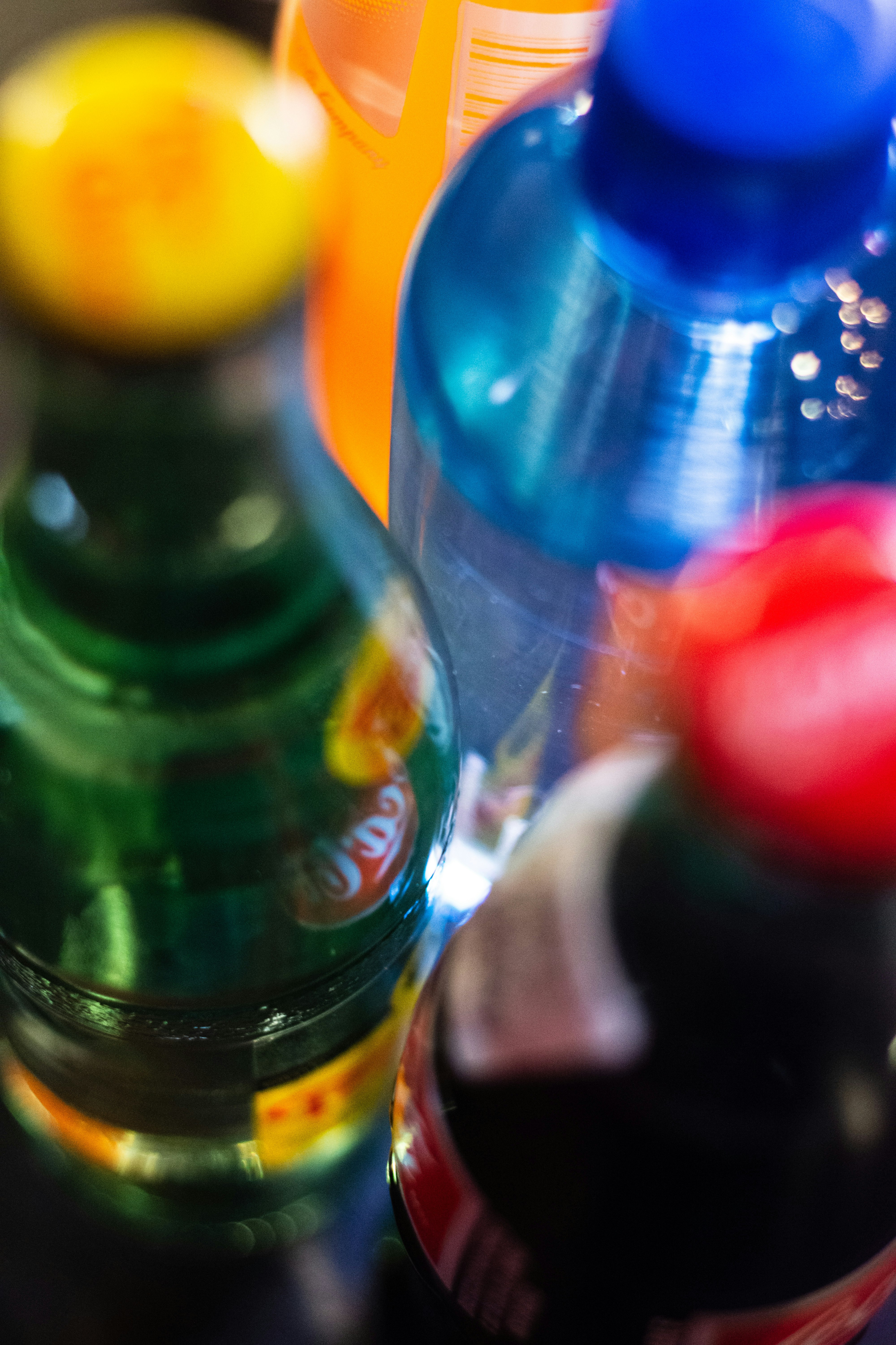 blue and yellow labeled bottles