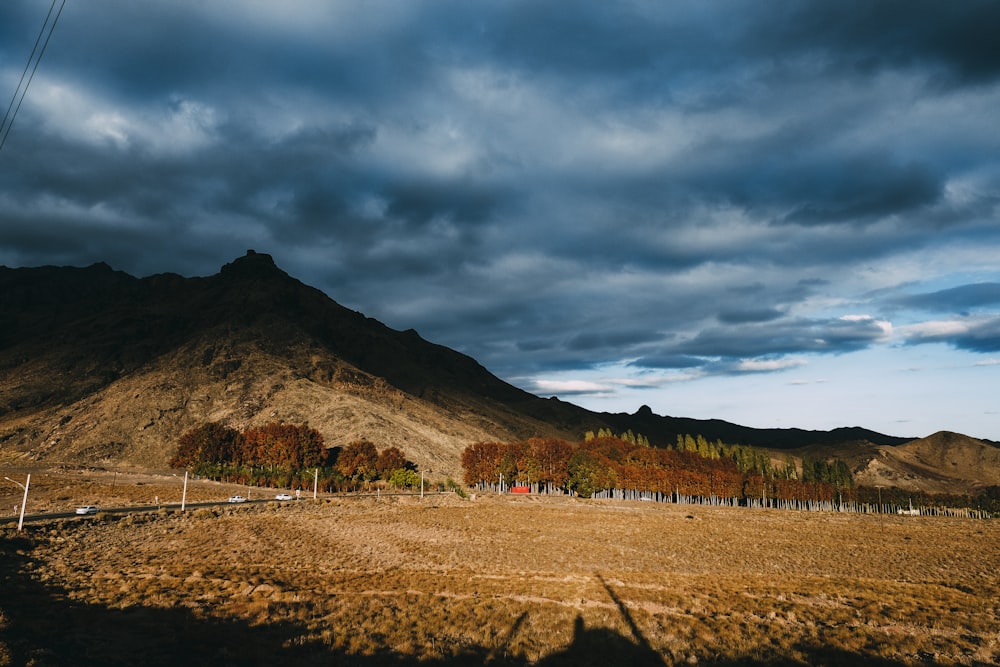 brown grass field near mountain under cloudy sky during daytime