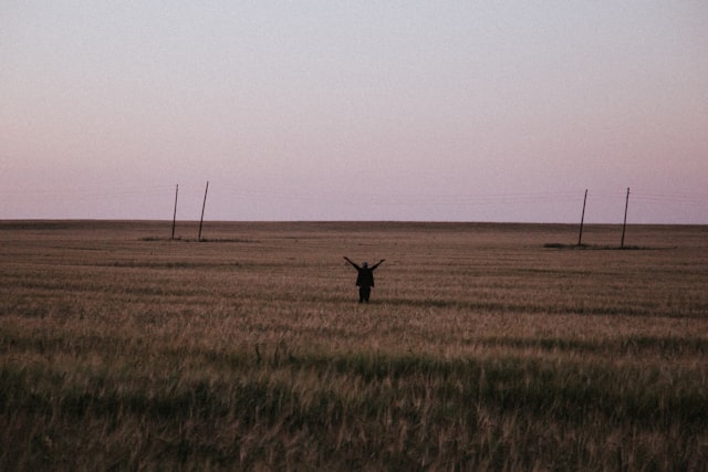 Person standing in a field with arms raised