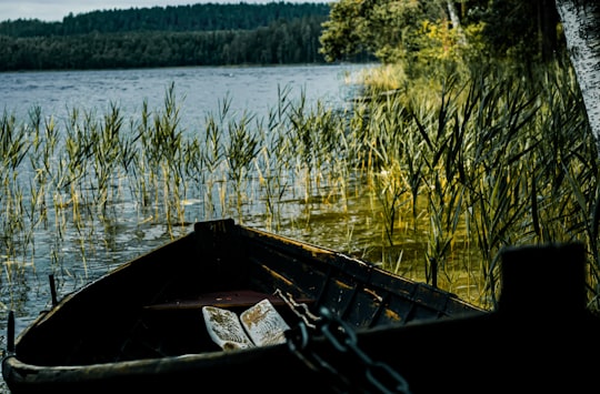 brown wooden boat on lake during daytime in Repovesi Finland