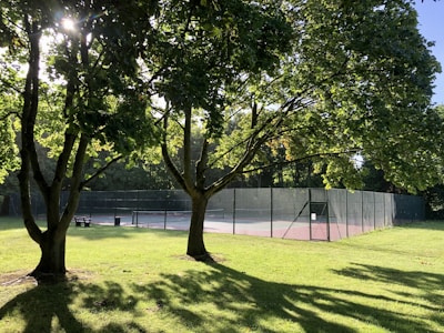 A tennis court in the middle of a renovated urban park, with players enjoying a sunny afternoon.