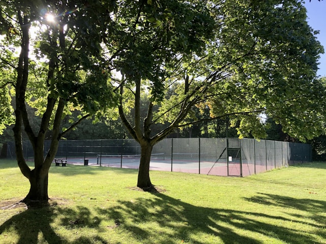 A sunny tennis court with kids learning a swing from a friendly coach holding racquets.