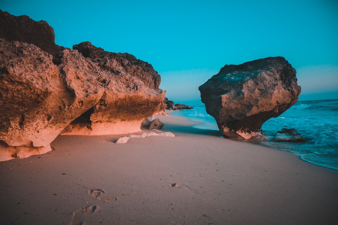 brown rock formation on white sand beach during daytime