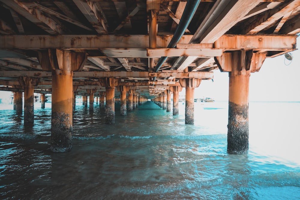 brown wooden dock over blue water