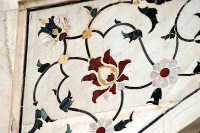 Close-up of intricate marble inlay work from Agra artisans.